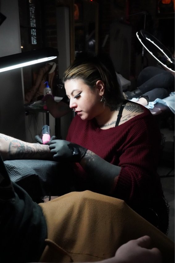 Kat Olsen tattooing at Hart & Huntington Tattoo Co. Nashville