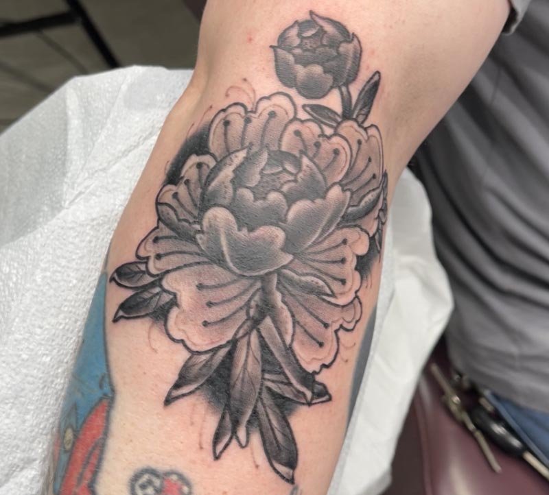 Realistic Eye And Grey Rose Flower Tattoo On Half Sleeve For Men